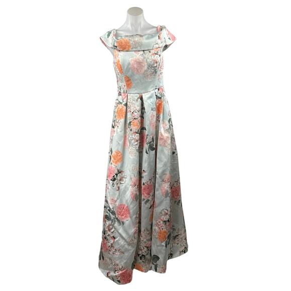 Eliza J Green Floral Silk Satin Off The Shoulder Evening A Line Maxi Dress Sz M - Picture 2 of 6